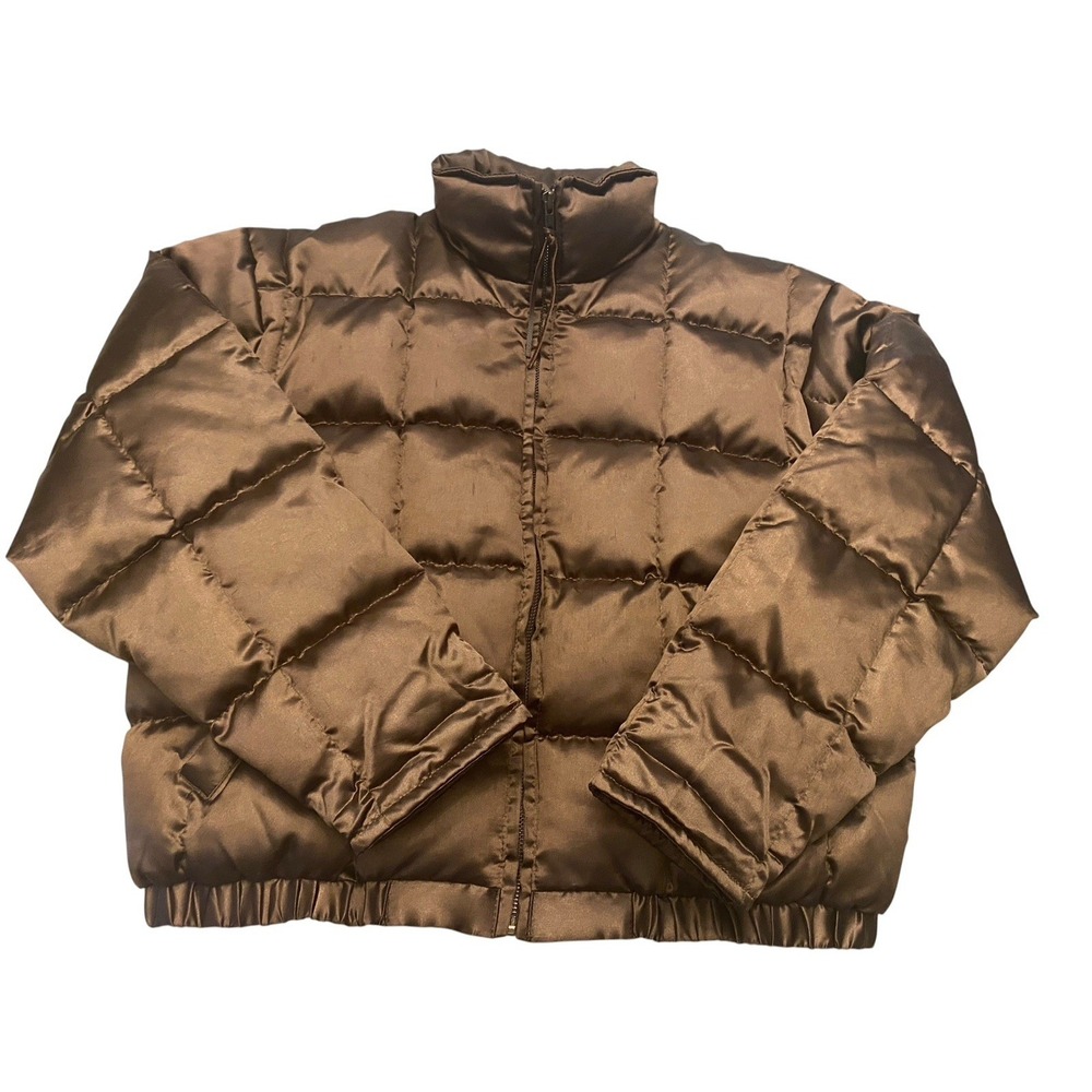 Willi Smith Collection Womens Down Puffer Jacket Brown Satin Quilted Medium Y2K